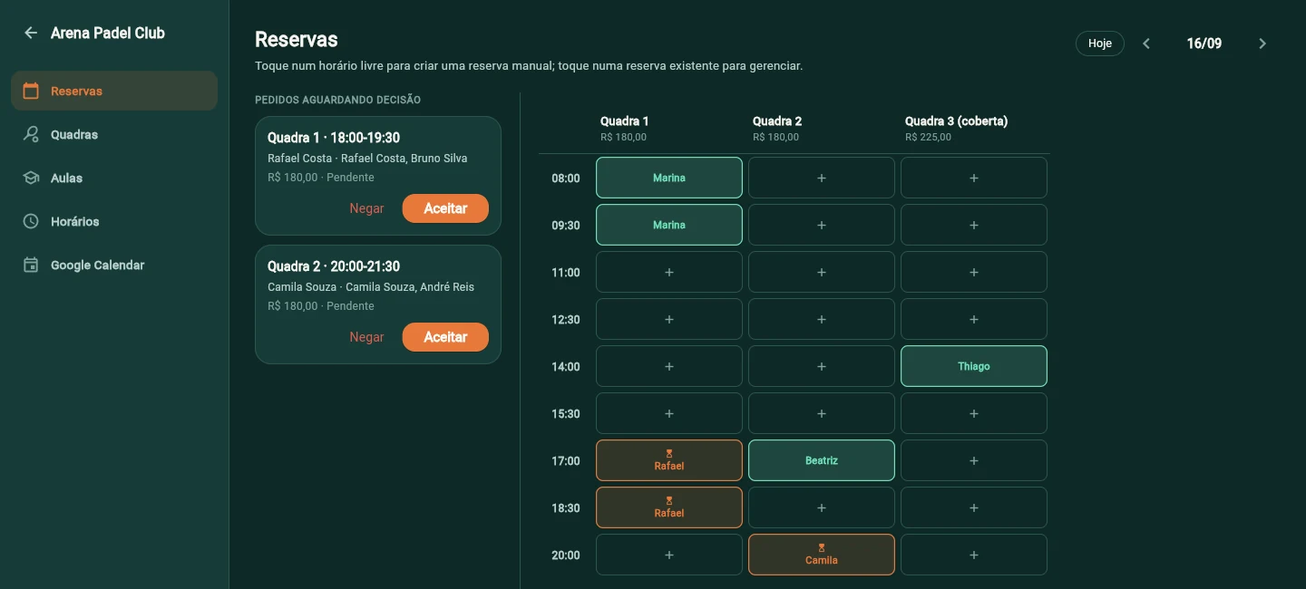 Painel de gestão do clube no Padel App: agenda de reservas de quadra por quadra e horário, com pedidos pendentes de aprovação