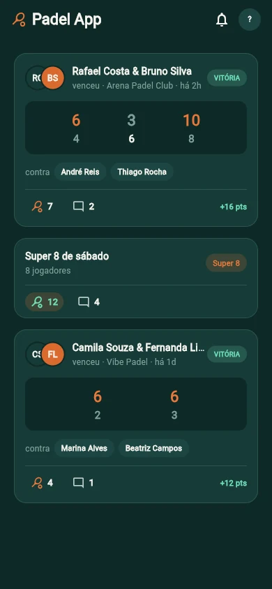 Feed do Padel App mostrando o placar de uma partida e um Super 8 compartilhados pela turma
